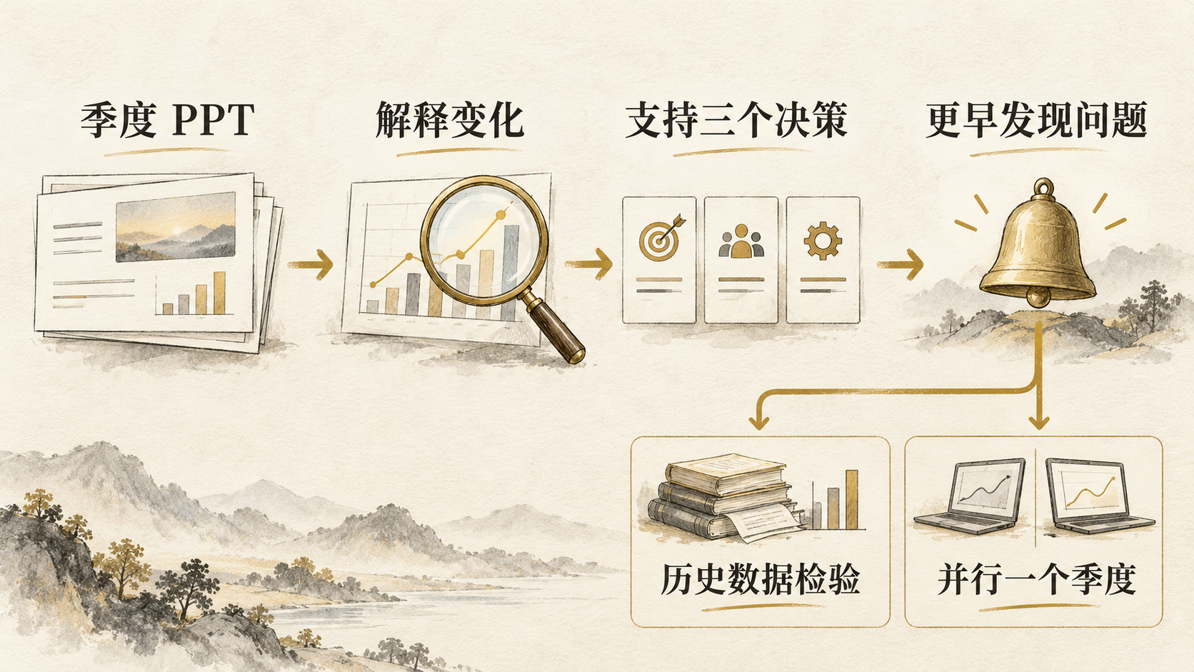 从季度 PPT 到解释变化、支持三个决策、更早发现问题,再用历史数据检验并并行一个季度